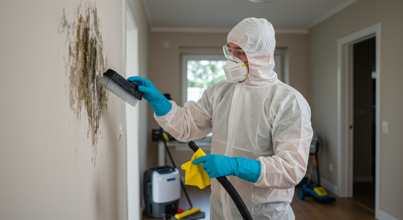 A professional in protective gear actively removing mold from a wall in a residential home.