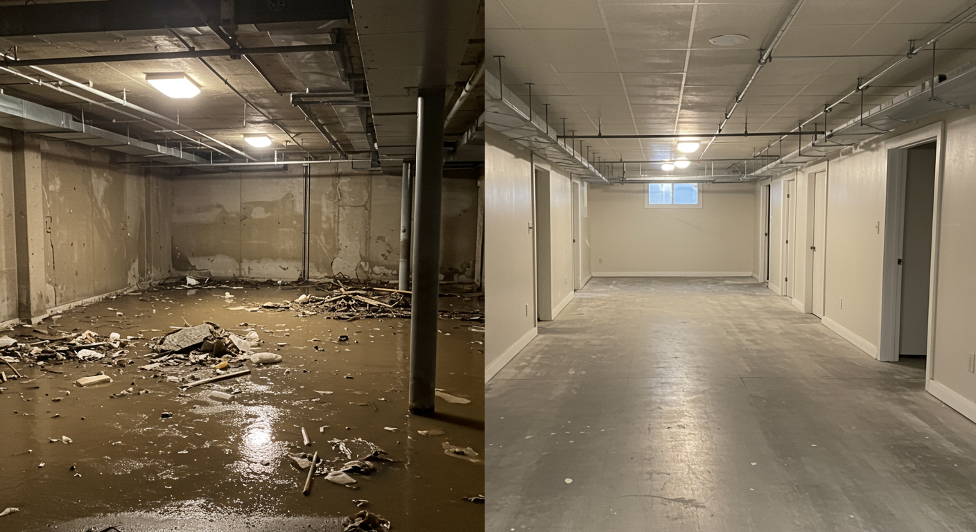 A split image showing the left side as a flooded basement with standing water and debris, and the right side as the same basement fully restored, clean and dry, showcasing the transformation.