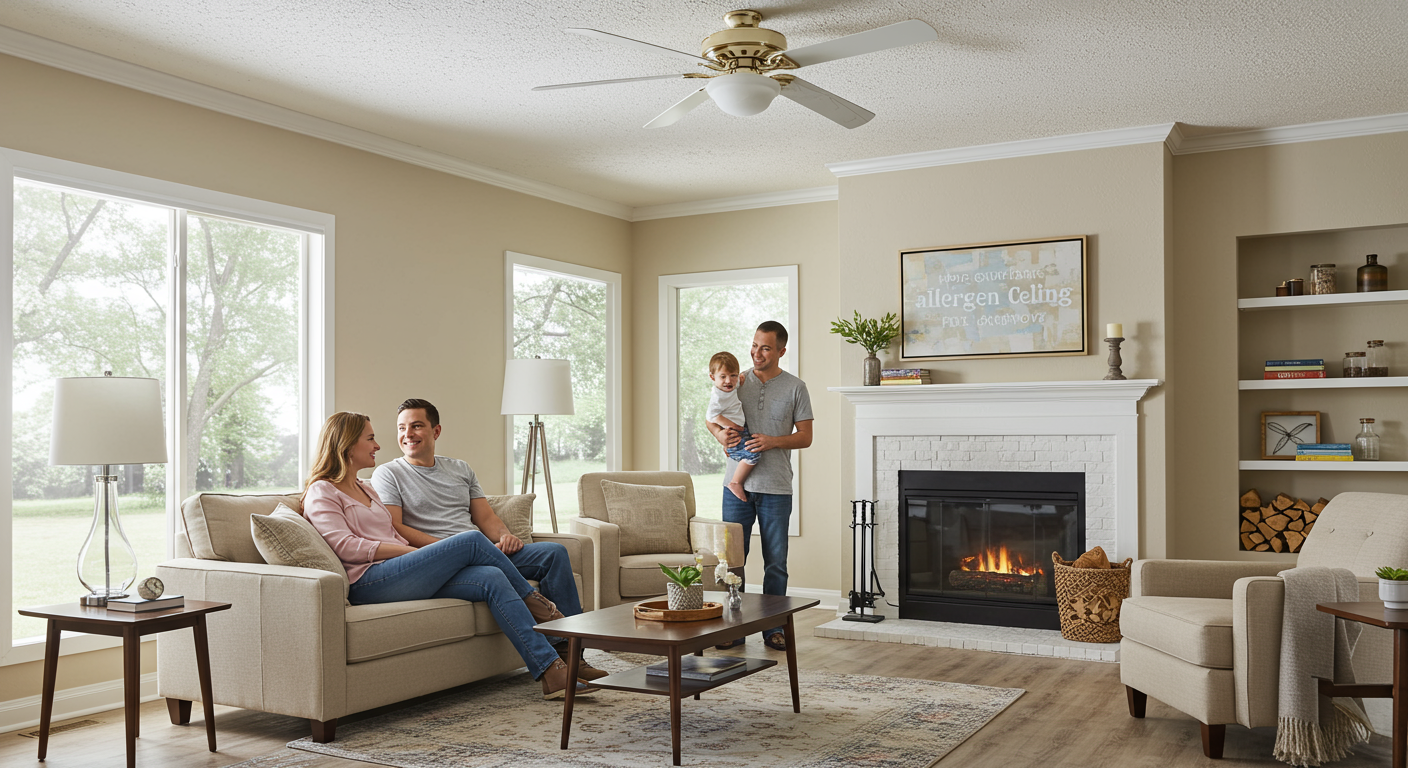 A family enjoying a clean and allergen-free living space after popcorn ceiling removal. The image shows a cozy living room with a smooth ceiling, emphasizing health and comfort.