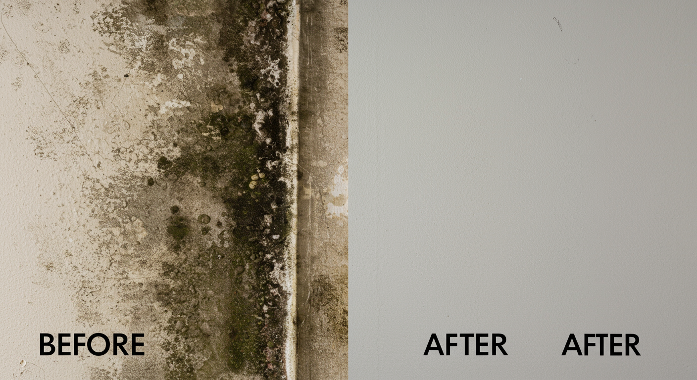 A split-screen image showing a moldy wall before and after professional removal in Boise City, ID