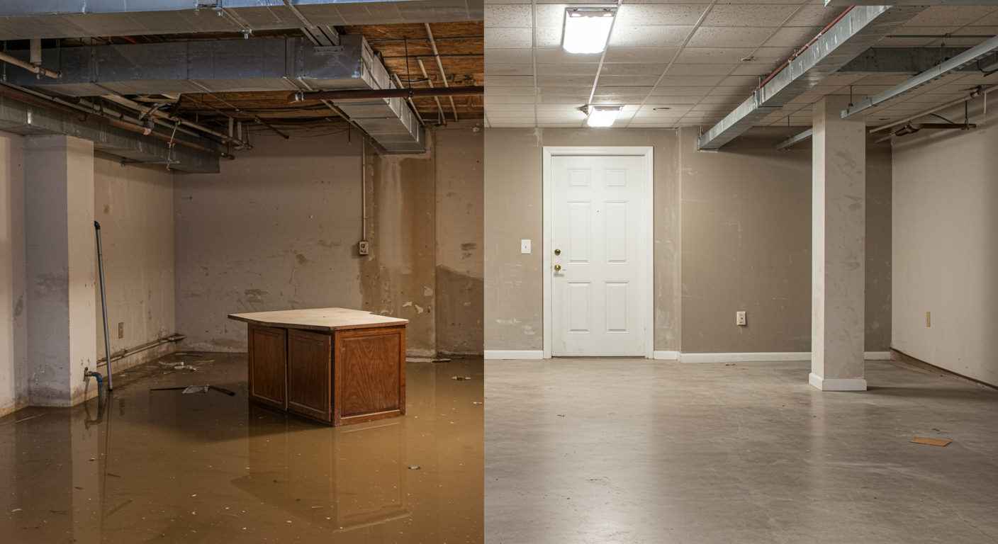 A before-and-after split image of a flooded basement. The left side shows standing water and damaged furniture, while the right side shows a fully restored, clean, and dry basement. The image highlights the effectiveness of professional water removal services.