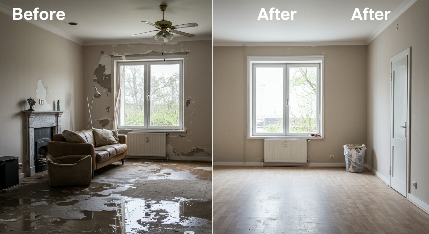 A split-image concept showing a room before and after water remediation. The 'before' side has waterlogged furniture and damaged walls, while the 'after' side shows a clean, restored room with new flooring and fresh paint.