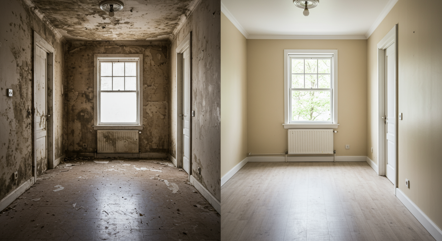 Before and after images of a mold remediation project.