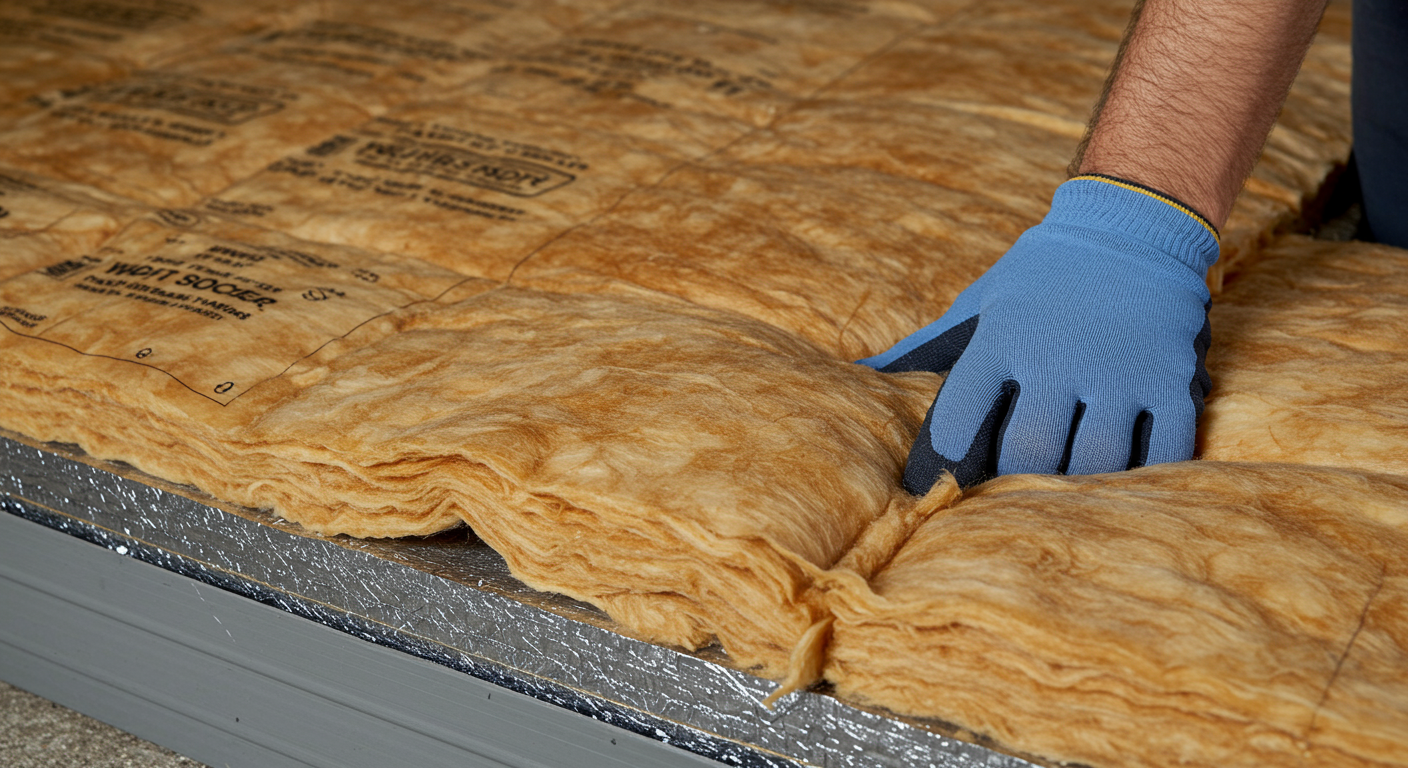 A close-up of crawl space insulation being installed by a professional. The image highlights the material and process, focusing on energy efficiency and moisture control.
