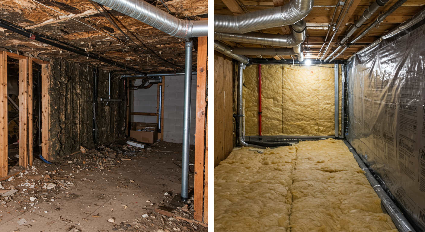 A side-by-side comparison of a damaged crawl space (with mold, sagging floors, and debris) versus a repaired and insulated crawl space. The repaired side features clean insulation, structural supports, and a vapor barrier.