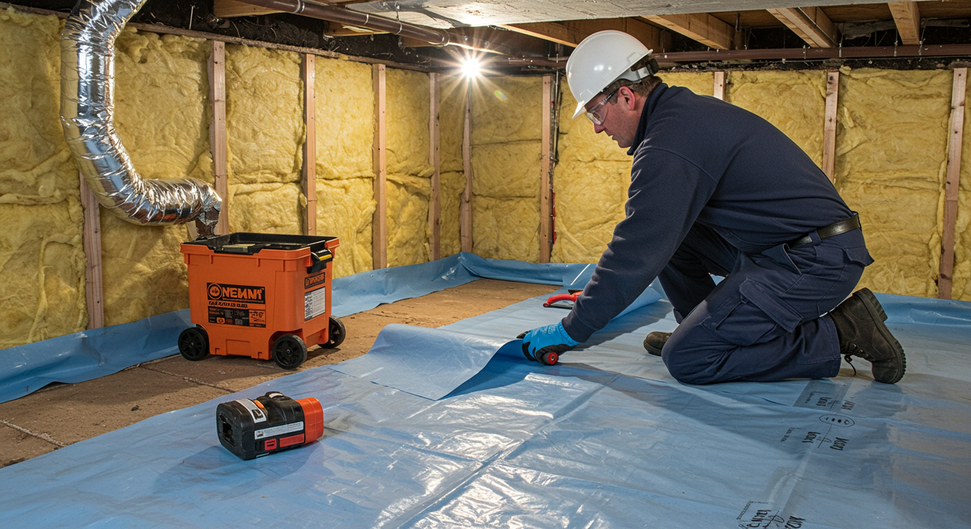 A professional technician installing a vapor barrier in a crawlspace. The image highlights the tools, materials (like plastic sheeting and insulation), and the step-by-step process of encapsulation.