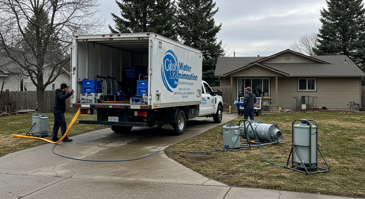 A water remediation truck parked in front of a residential home in Nampa, ID, with technicians unloading equipment. The home shows signs of water damage repair, such as drying equipment on the lawn.