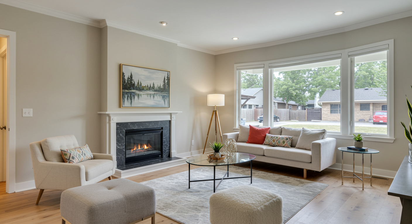 A beautifully modernized living room in Boise City, ID, with smooth, freshly painted ceilings. The room features contemporary furniture, natural lighting, and a clean, minimalist aesthetic.