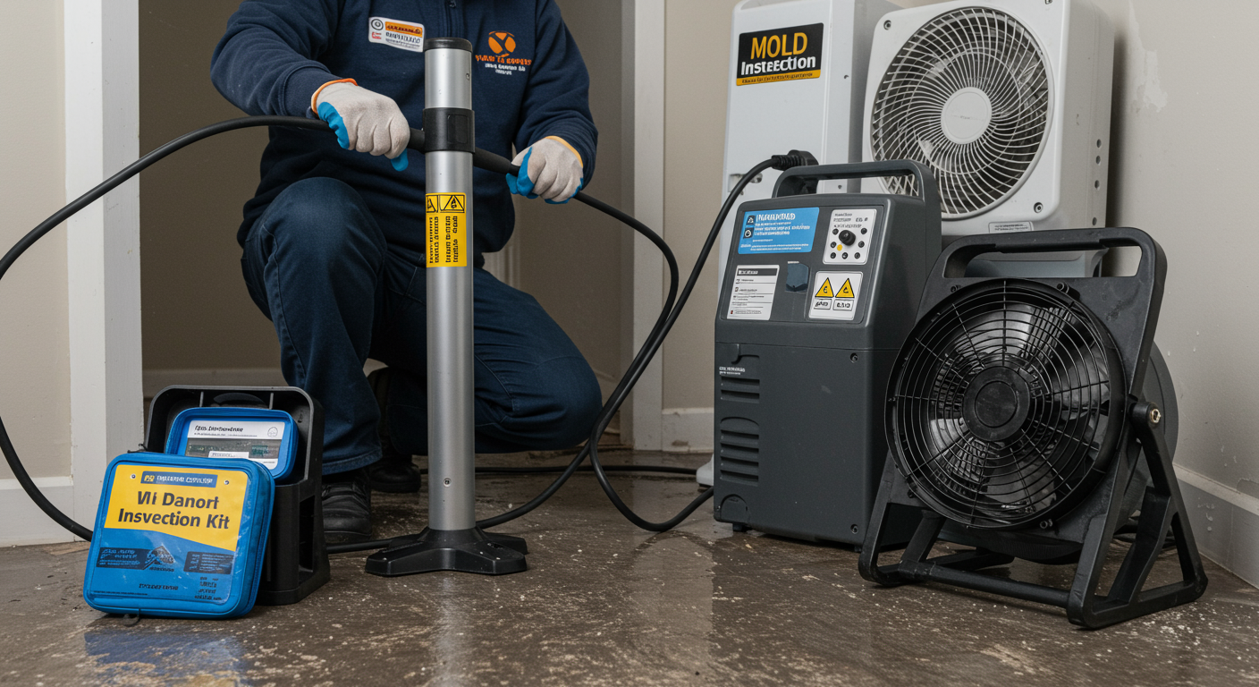 A close-up of a technician setting up industrial fans and dehumidifiers to dry out a water-damaged area. The image also includes a mold inspection kit on the side, emphasizing prevention.