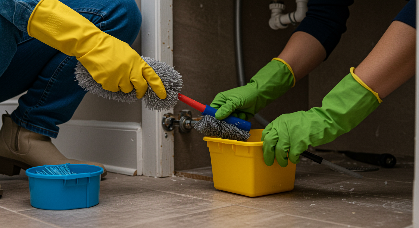 A homeowner performing mold prevention tasks, such as cleaning a bathroom vent or checking for leaks under a sink. This highlights proactive steps to avoid mold growth.