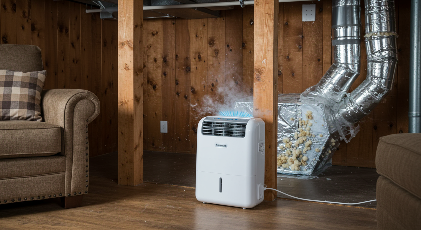 A visual representation of mold prevention tips, showing a dehumidifier running in a Meridian, ID home. The image includes a clean, dry basement or living area with no visible mold, emphasizing proactive measures to prevent mold growth.