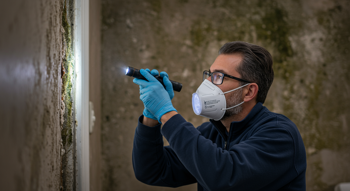 A professional mold inspector examining a home interior, using a flashlight to identify mold growth behind a wall. The inspector is wearing protective gear, showcasing the seriousness of the job.