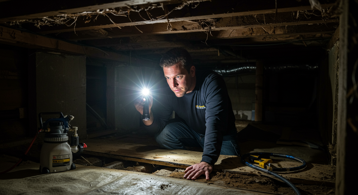 A technician inspecting a crawl space with a flashlight, demonstrating the process of encapsulation.