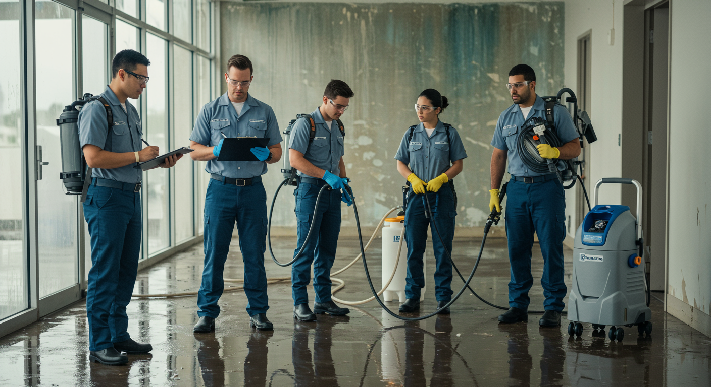 A team of water mitigation professionals working together in a flooded commercial space. One technician is assessing the damage with a clipboard, while others are using water extraction tools and drying equipment.