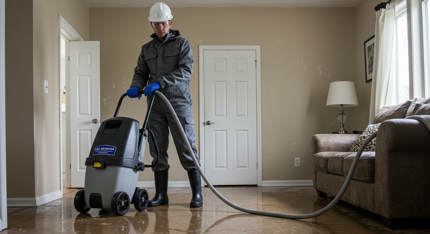 A technician in work gear is actively using a water extraction machine in a flooded room, showcasing the restoration process in action.