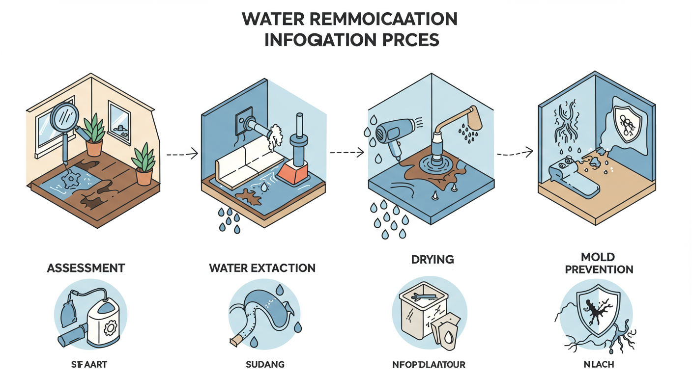 A visually engaging infographic illustrating the step-by-step water remediation process, including assessment, water extraction, drying, and mold prevention.