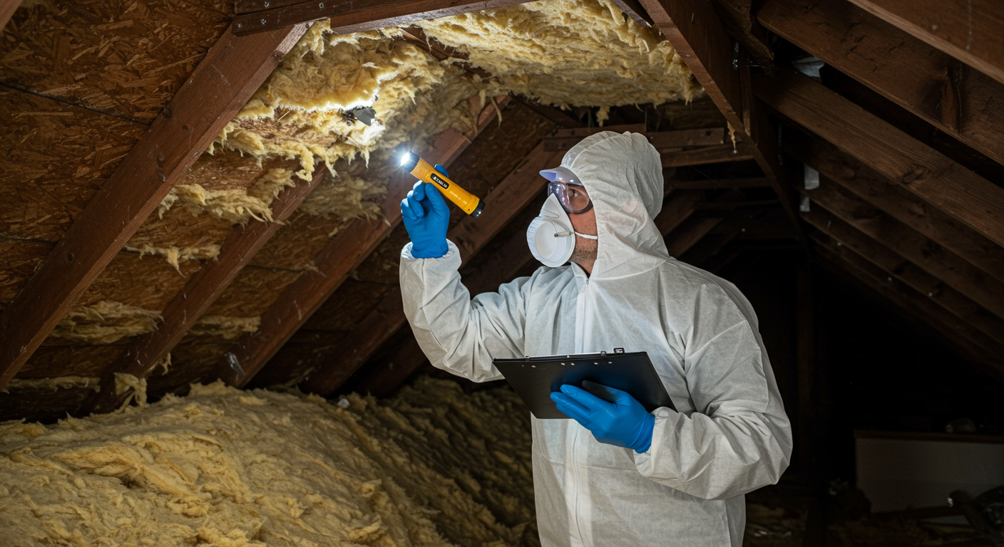 A certified asbestos inspector in protective gear, examining a residential attic filled with insulation. The inspector is using a flashlight to inspect the area closely.
