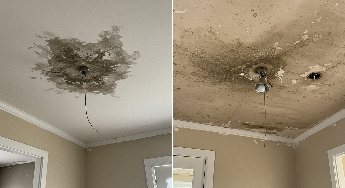A before-and-after image showing a ceiling before mold remediation and the same ceiling after it has been cleaned and restored. The transformation highlights the effectiveness of professional mold removal.