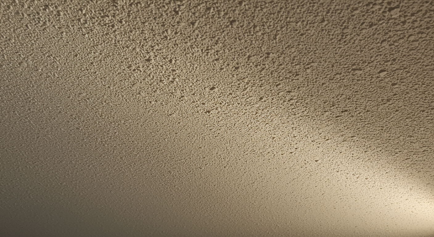 A close-up of a popcorn ceiling texture with a soft light illuminating it, emphasizing its acoustic properties. The image should convey a sense of comfort and warmth, showcasing how popcorn ceilings can hide imperfections and reduce noise.