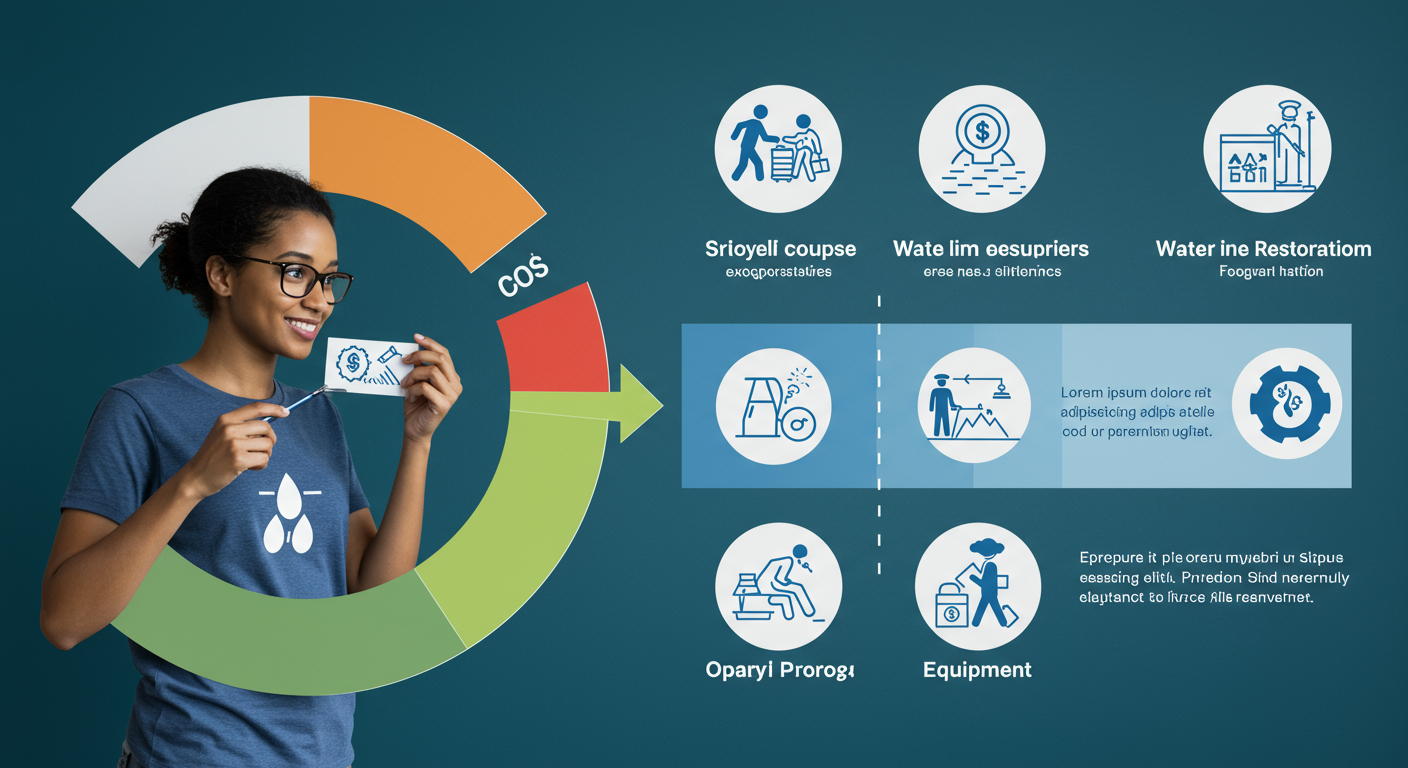 An infographic-style image showing a breakdown of costs associated with water damage restoration, including icons for different cost factors like labor, materials, and equipment.