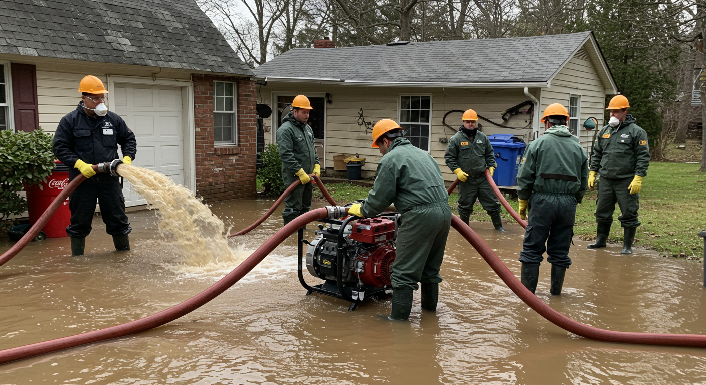 A team of flood restoration professionals in protective gear actively working to remove water from a flooded residential area.