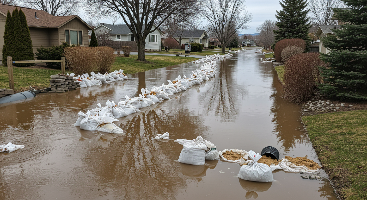 A serene image of a Boise City neighborhood with visible flood prevention measures, such as sandbags and drainage systems. This image highlights proactive steps taken to mitigate flood risks.