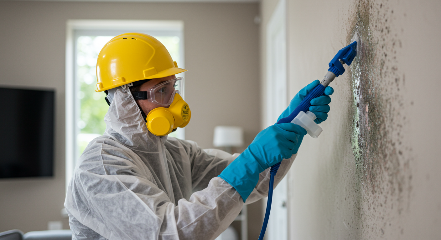 A homeowner applying a mold removal solution to a wall, with safety gear on. The background shows a well-lit room, emphasizing the importance of DIY mold removal.
