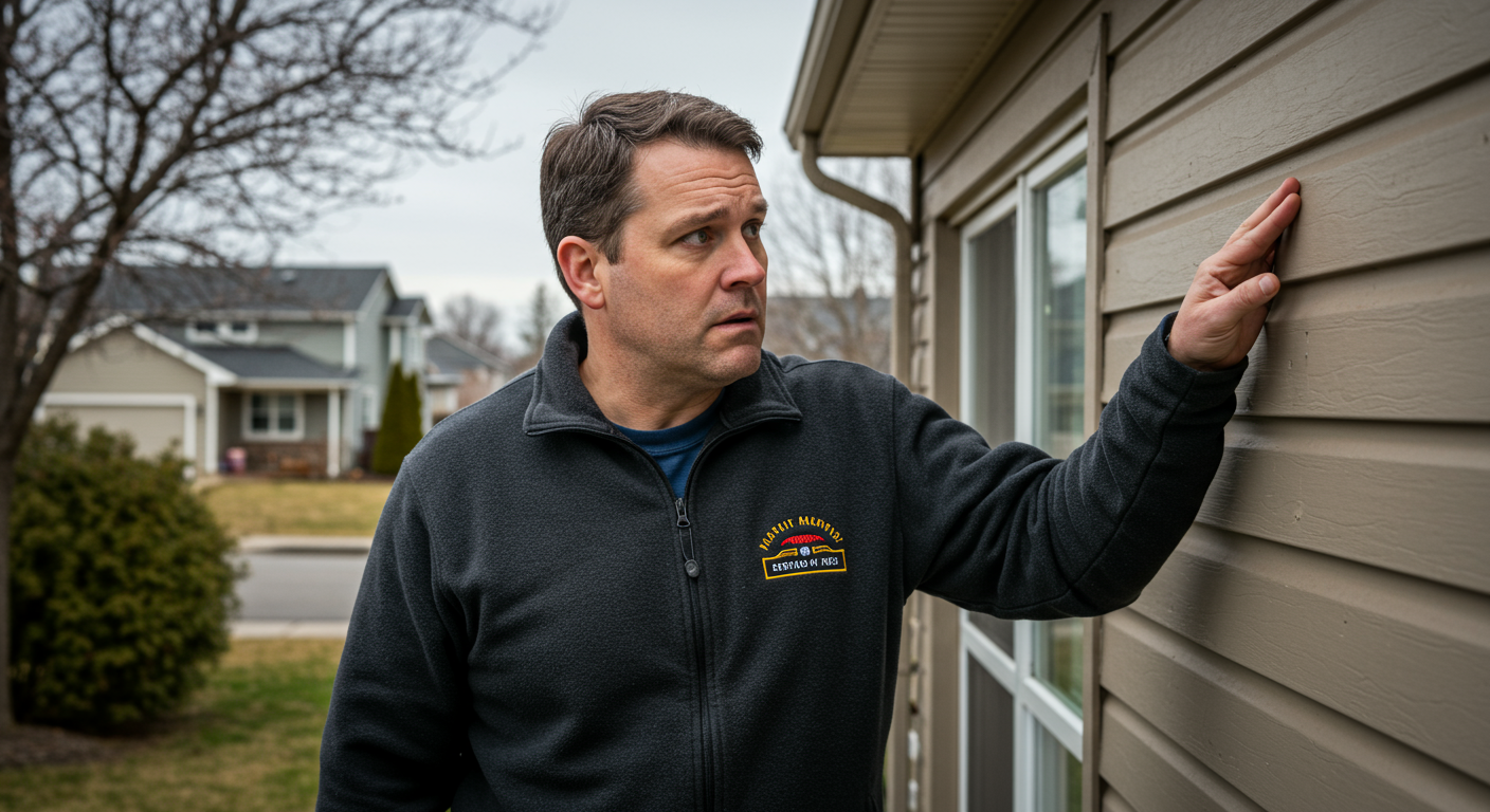 A concerned homeowner inspecting the exterior of their house, looking closely at the siding. The background features a suburban neighborhood, highlighting the context of Meridian, ID.