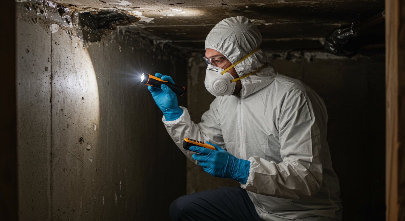 A professional mold inspector examining a damp corner of a basement with a flashlight and moisture meter. The inspector is wearing protective gear, including gloves and a mask, to emphasize safety.