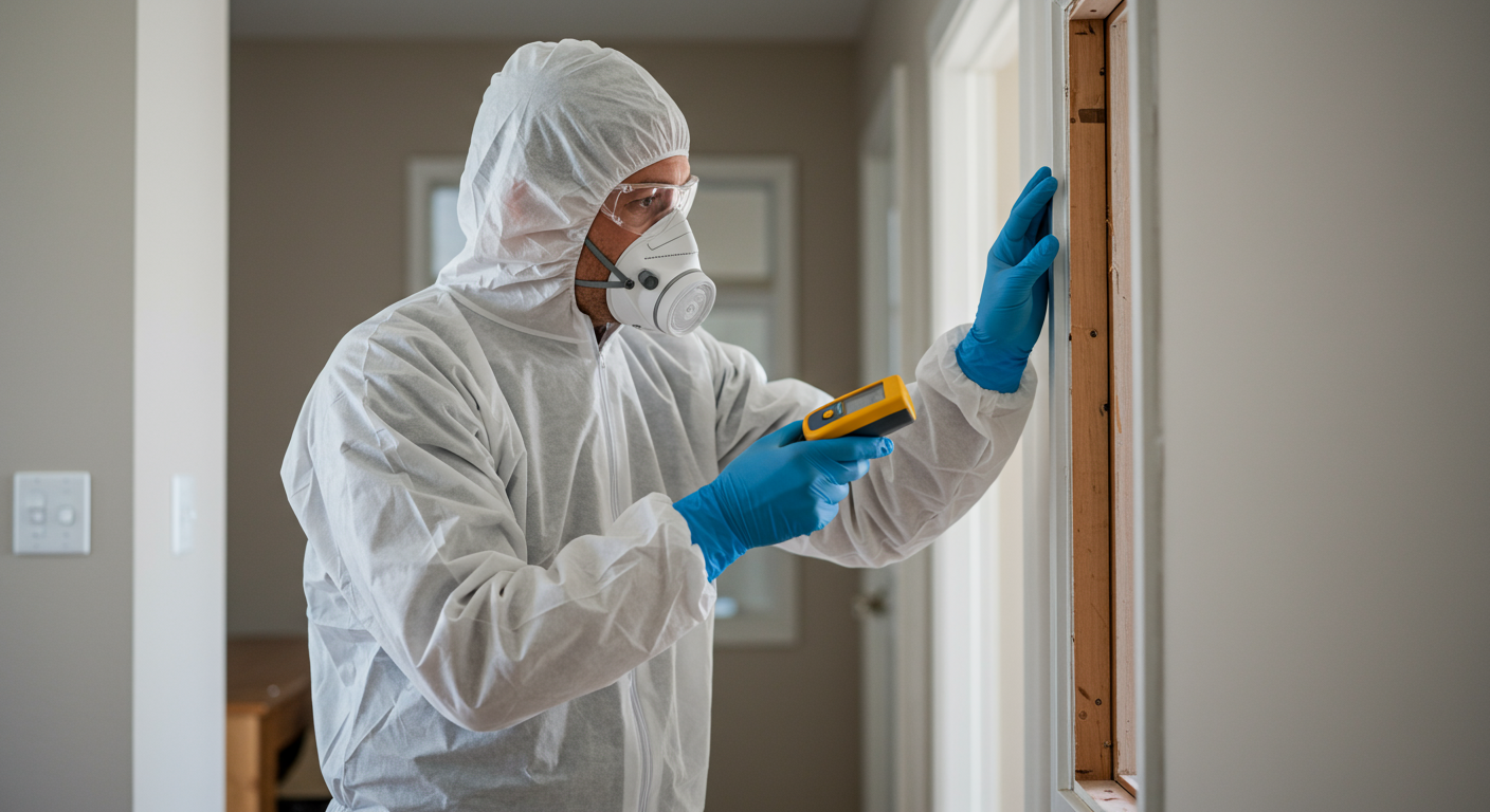 A professional mold inspector in protective gear examining a wall with a moisture meter, highlighting the inspection process in a residential setting, with focus on the inspector's actions.