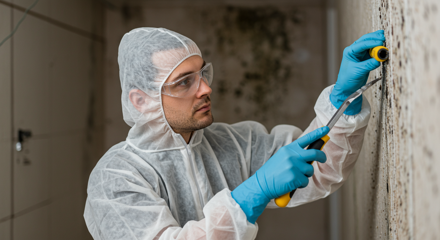 A close-up of a professional mold restoration technician inspecting a wall for mold growth, with tools in hand and a focused expression.