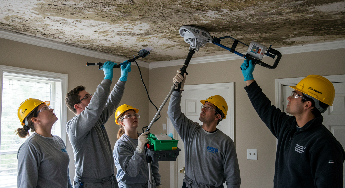 A team of mold remediation professionals working together in a home, using advanced equipment to remove mold from a ceiling. The focus is on teamwork and professionalism.