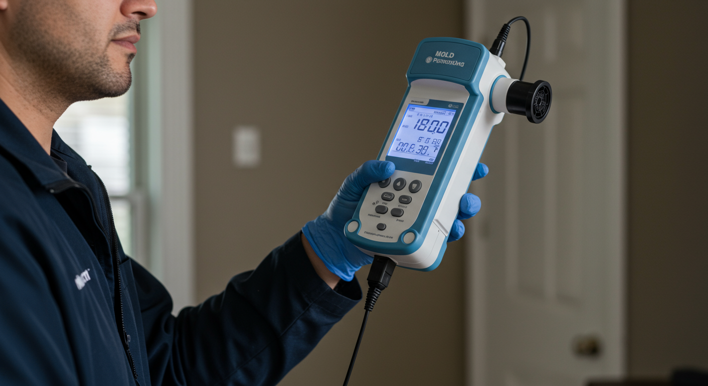 A technician using advanced mold testing equipment in a home setting, showcasing the tools used for detecting mold spores in the air.