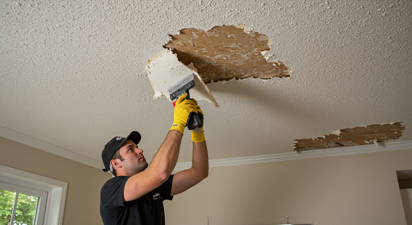 A professional contractor carefully scraping away a popcorn ceiling in a well-lit living room.