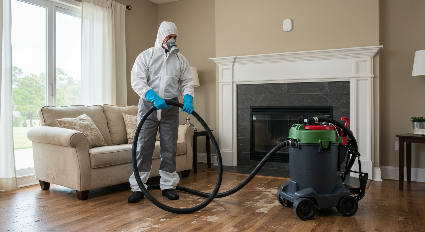 A professional technician in protective gear is actively engaged in water damage restoration, using specialized equipment to extract water from a flooded living room. The scene captures the urgency and professionalism of emergency cleanup services.