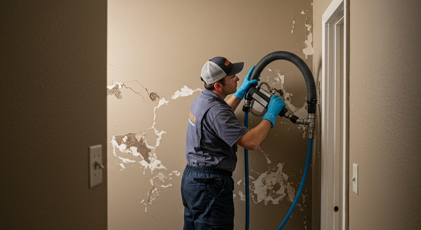 A technician in a uniform is actively working on a water-damaged wall, using specialized equipment to extract water. The scene captures the urgency and professionalism of the restoration process.