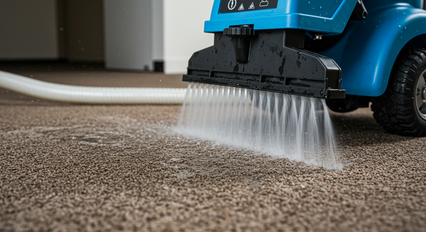 Advanced water extraction and drying equipment in use, effectively removing water from a carpeted floor.