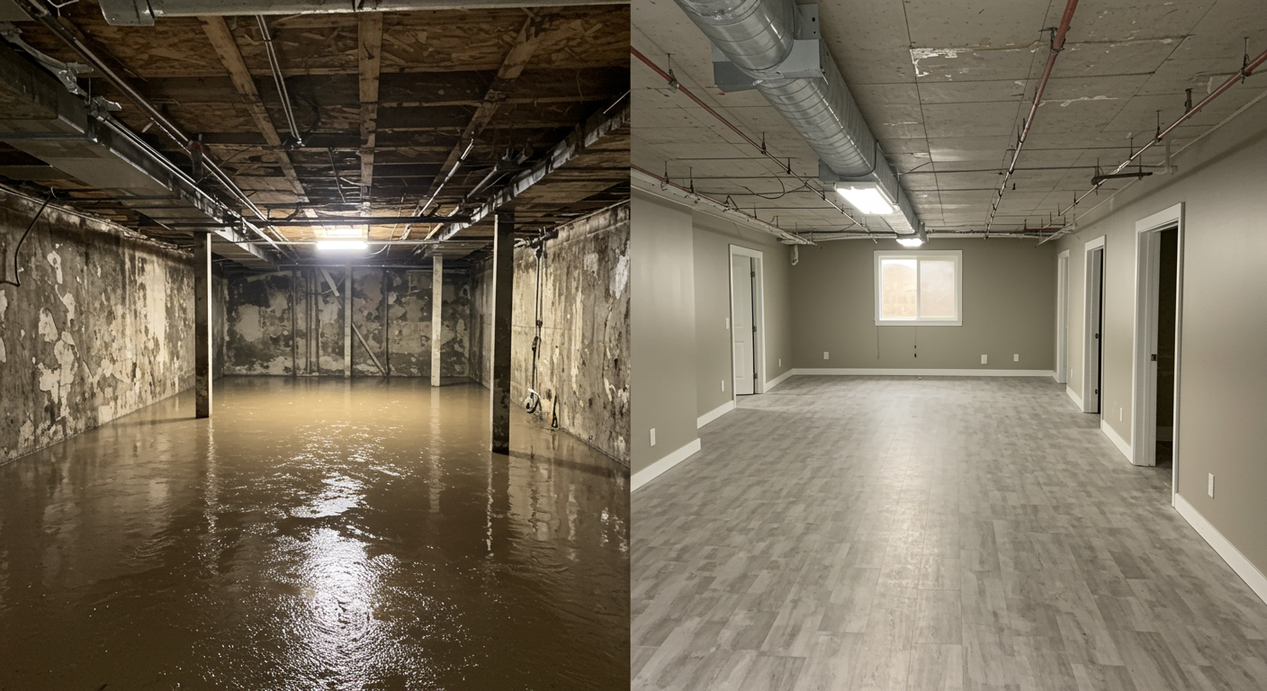 A before-and-after comparison of a water-damaged basement in Caldwell, ID. The left side shows a flooded and moldy basement, while the right side showcases a fully restored, clean, and dry basement with new flooring and fresh paint.