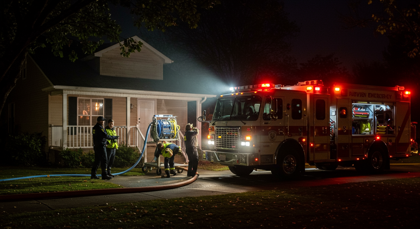 Technicians performing water remediation tasks in a residential basement in Nampa, ID.