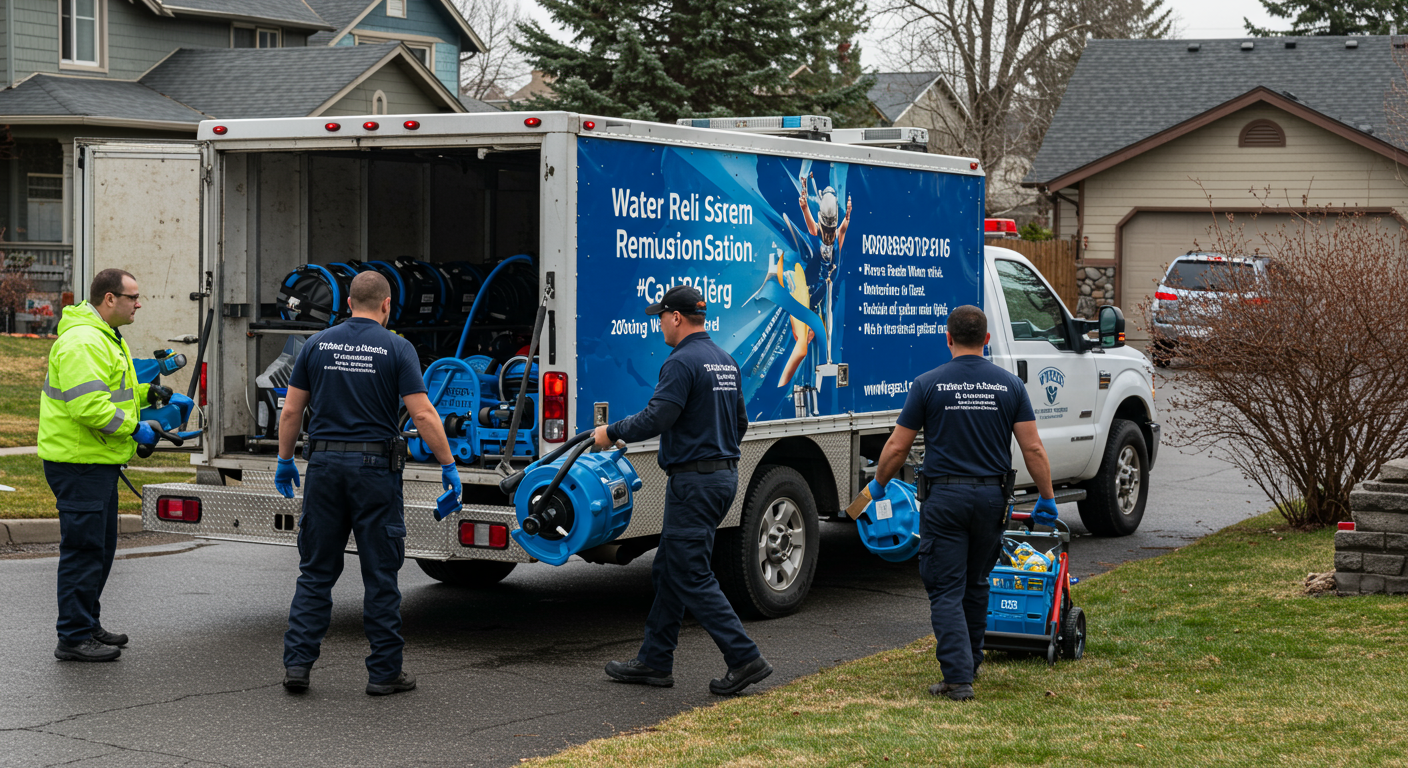 A dynamic image of a water remediation team arriving at a flooded property in Caldwell, ID. The team is unloading equipment from a branded truck with a backdrop of a suburban neighborhood.