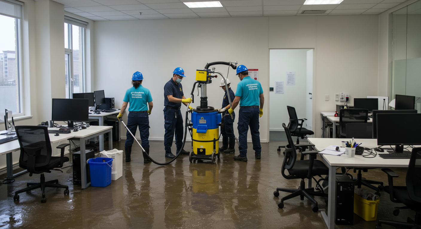 A team of professionals cleaning up a flooded office space with water extraction equipment.