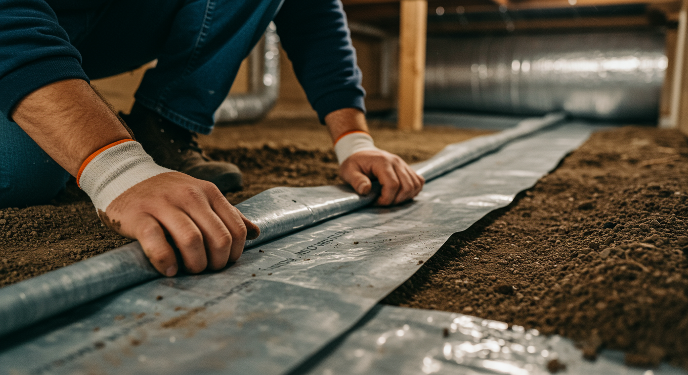 A close-up of a worker installing a vapor barrier in a crawl space. The image focuses on the hands applying the barrier to the ground, with visible moisture control materials in the background.