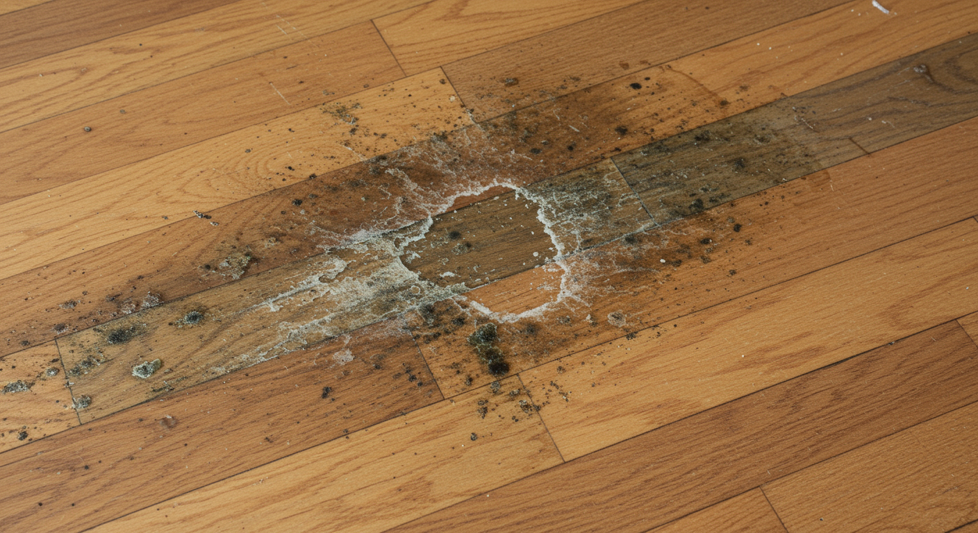 A close-up of water-damaged wooden flooring with visible signs of mold and water stains. The image highlights the need for immediate remediation services.