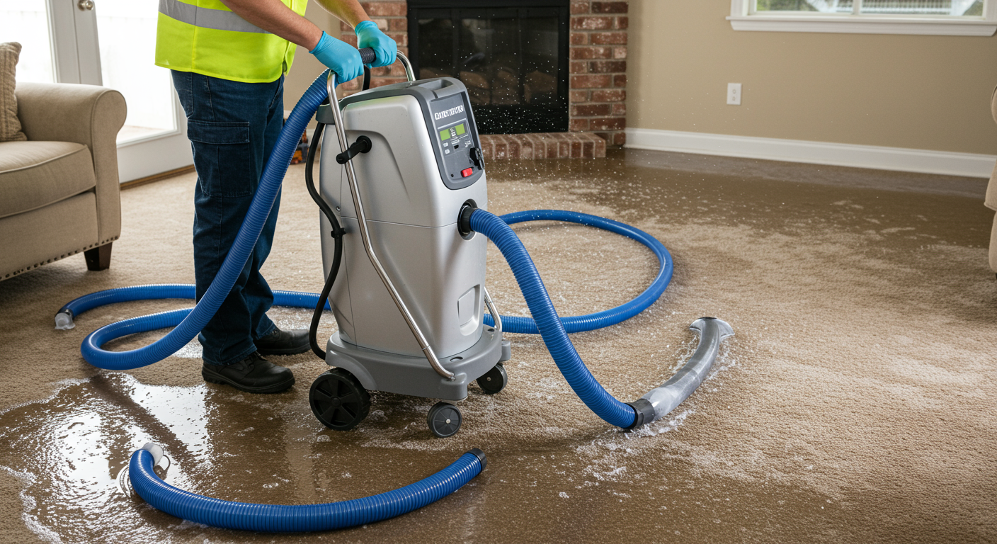 A professional water remediation technician using advanced drying equipment in a flooded living room.