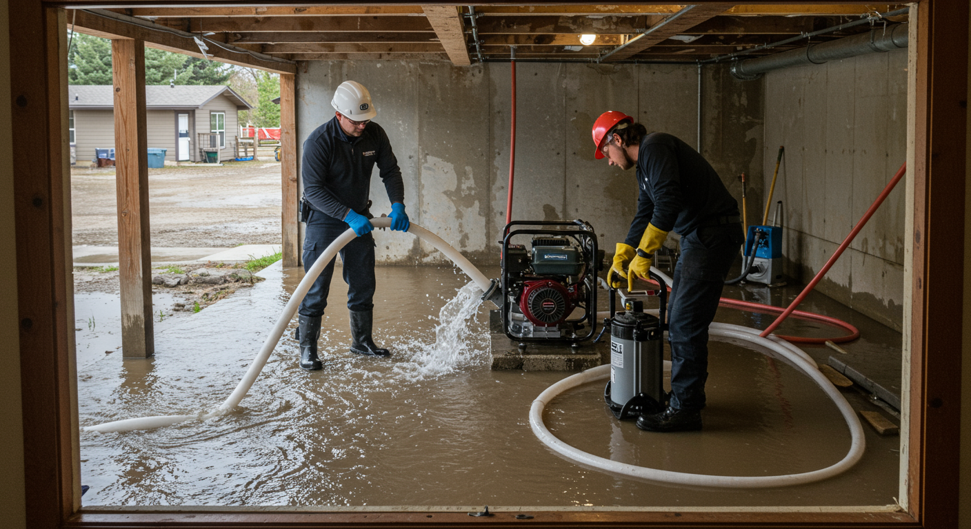 A professional water remediation team in action, extracting water from a flooded residential basement in Caldwell, ID. The team uses industrial-grade equipment like water pumps and dehumidifiers.