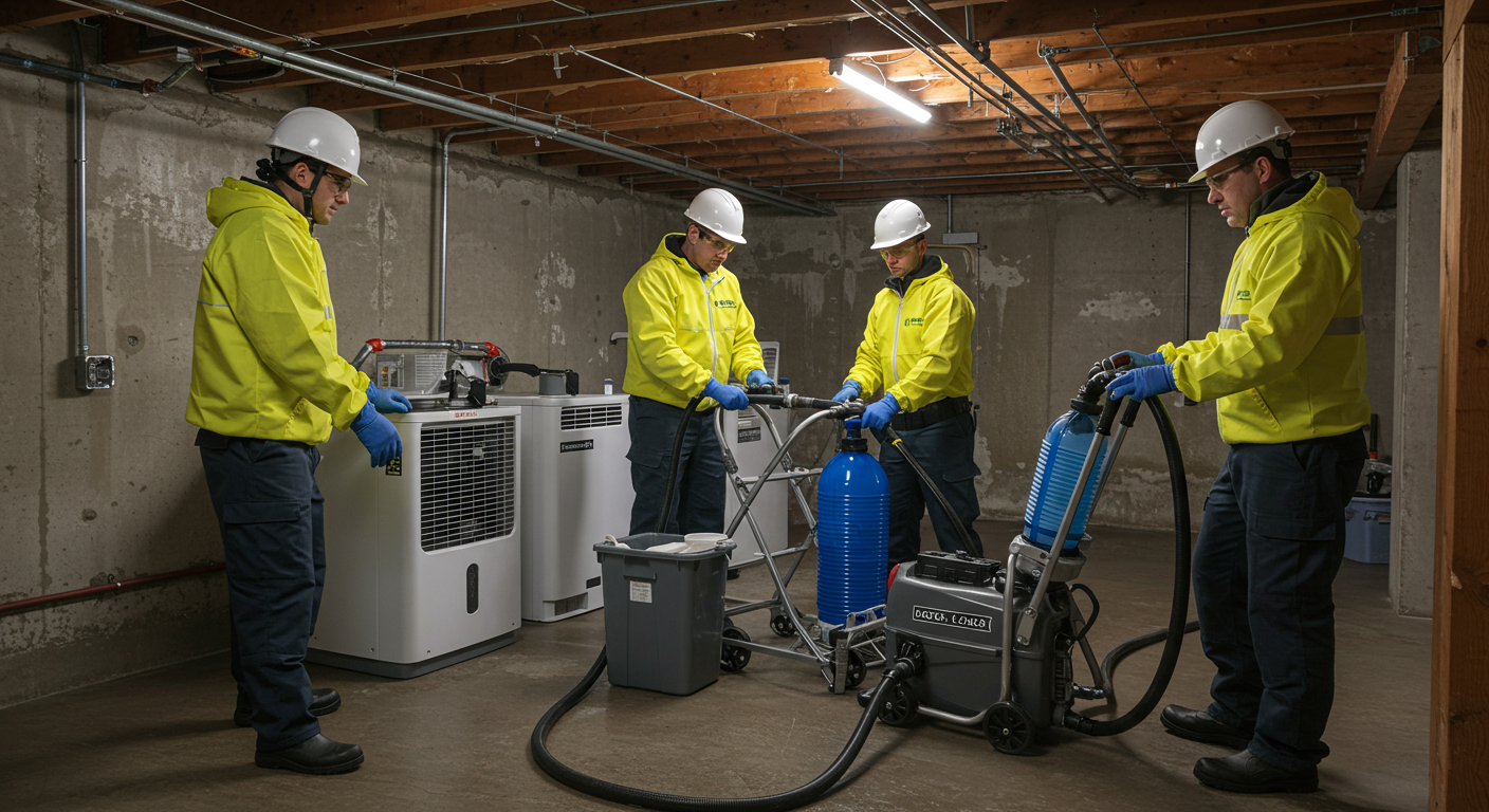 A professional water remediation team in action, using industrial-grade equipment like water extractors and dehumidifiers in a basement.