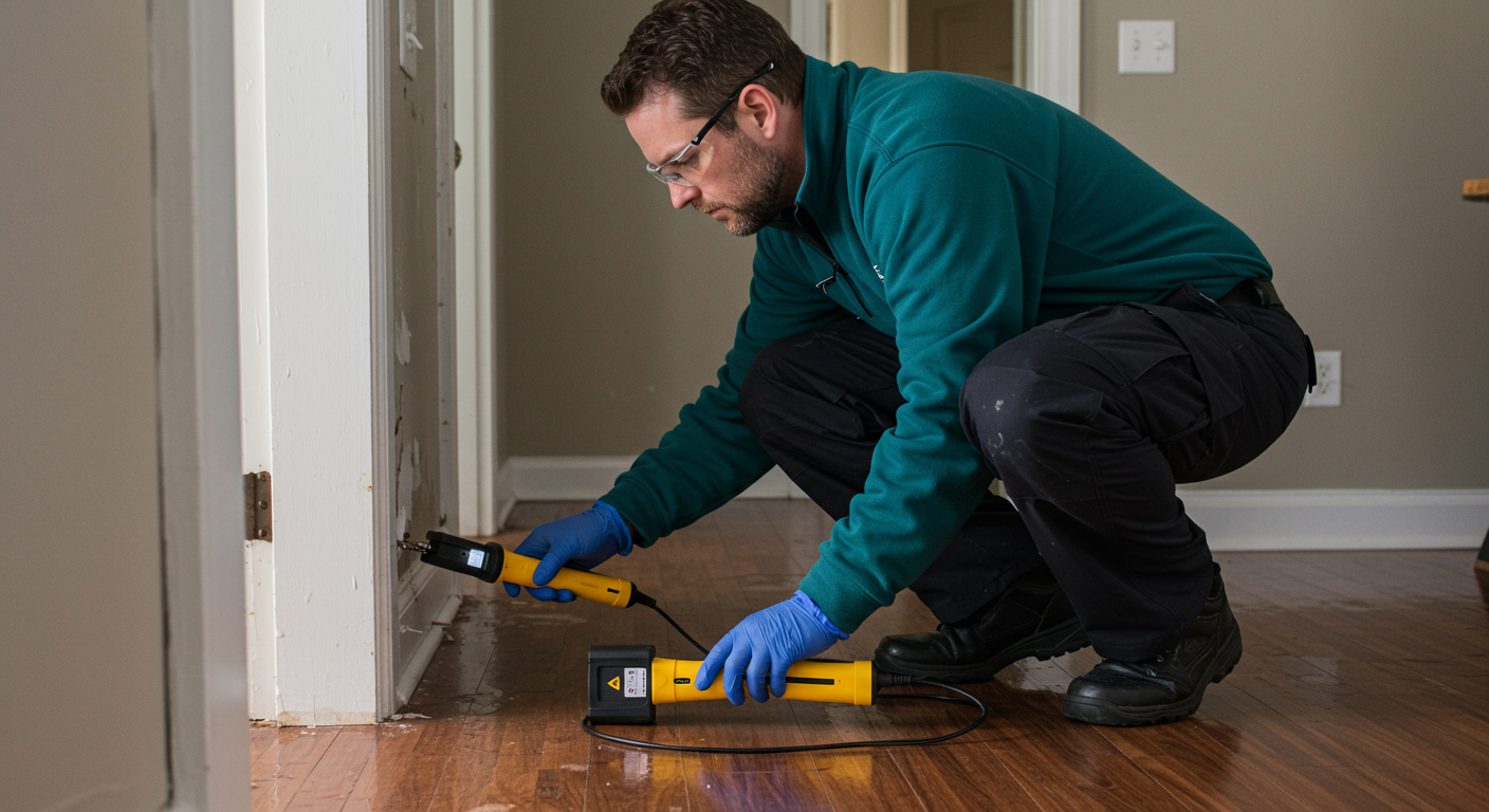 A professional technician inspecting a water-damaged area in a home, using moisture detection equipment.