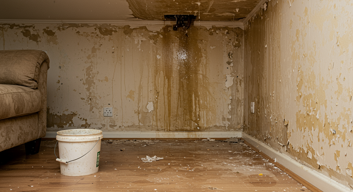 A close-up view of a living room with visible water damage on the walls and floor, showcasing peeling paint and water stains. A bucket is placed under a leaking ceiling.