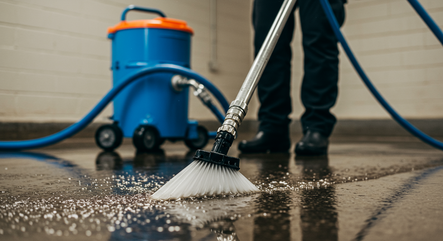 A close-up of professional-grade water extraction equipment being used on a wet carpet, with a technician wearing safety gear in the background.