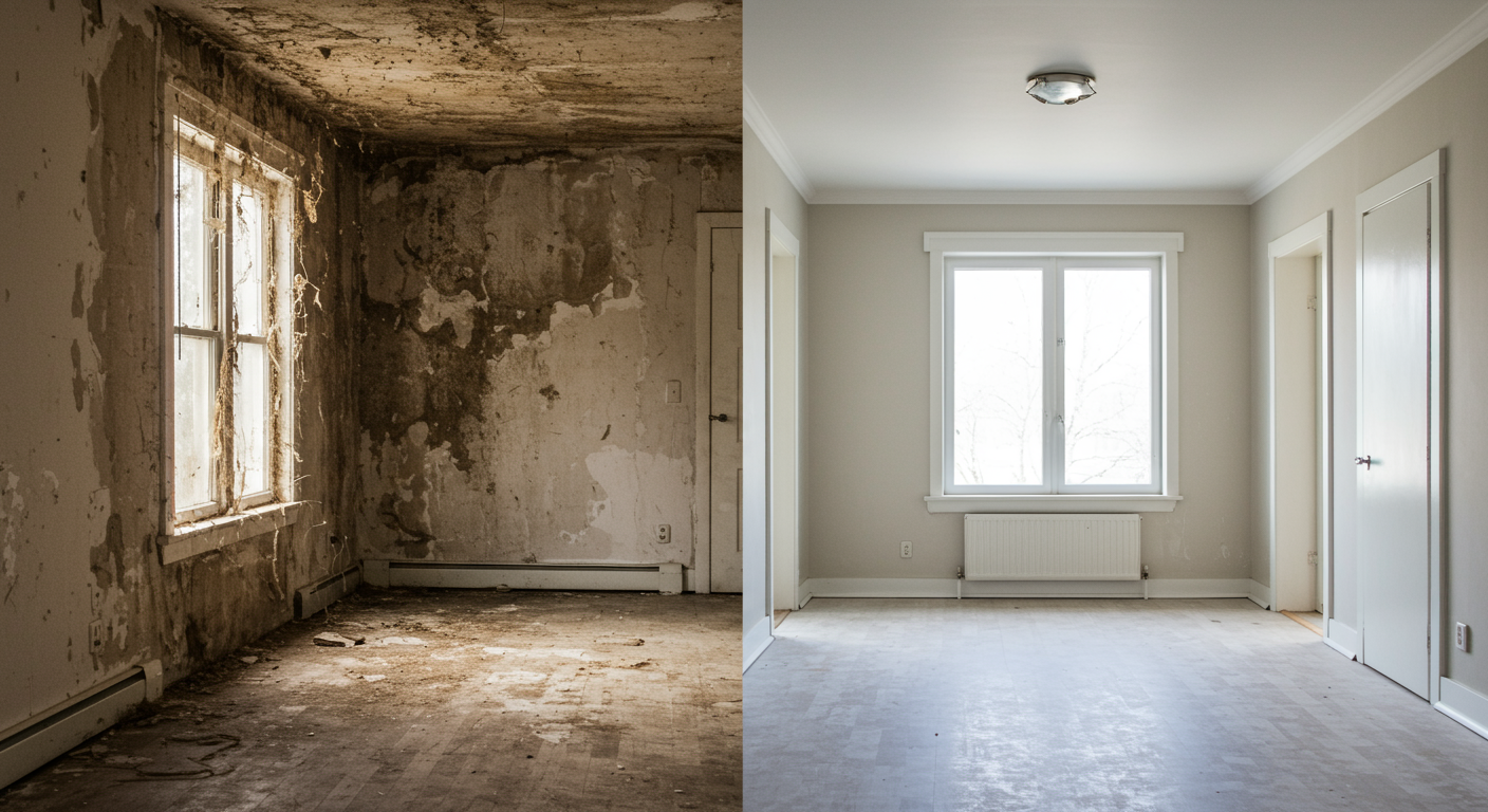 A split image showing a room before and after mold remediation. One side depicts a mold-infested area, while the other side shows a clean, restored space. The transition is visually striking.